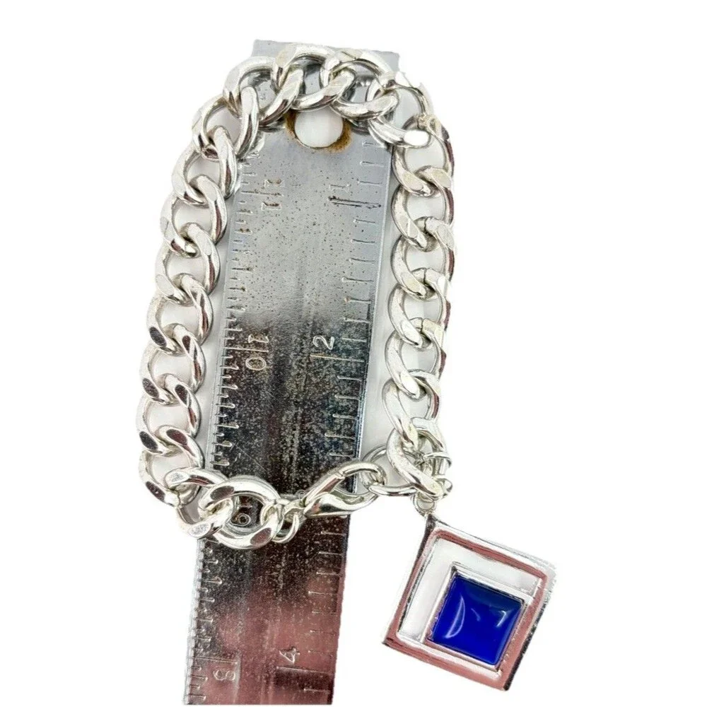 Vintage 90s Silver Tone Chunky Chain Bracelet Lapis Blue Geometric Charm Y2K
